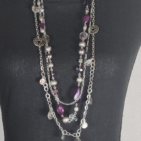 Premier Designs Silver Tone Three Strand Purple Silver Bead Coin 32" Necklace - Picture 2 of 16